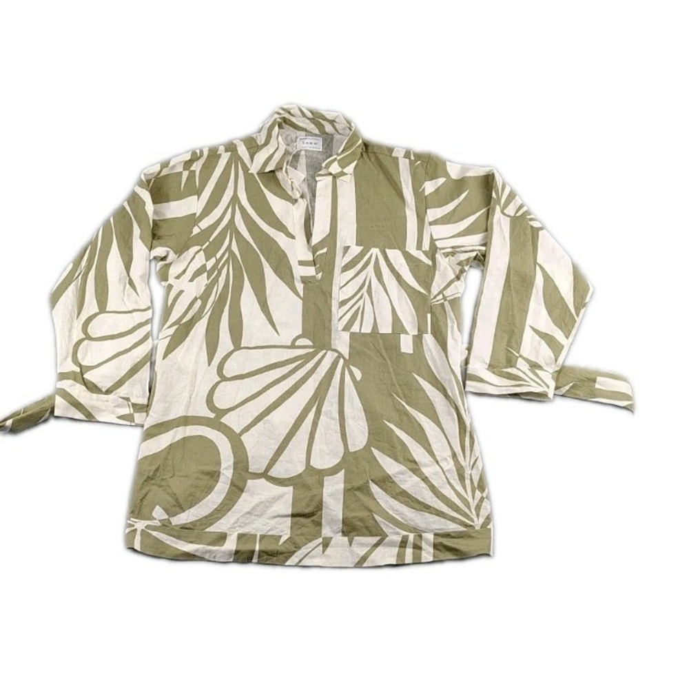 NWT Sabo Adele Dress Linen Cotton Blend Women's Medium Olive White Palm Pattern